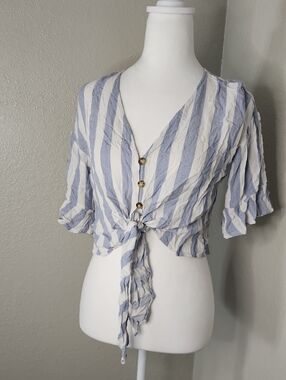 Windsor Blue & White Striped Tie-Front Crop Top